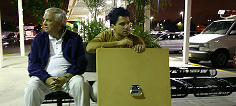Billy Pappas and Brother Rene Sterner waiting with the boxed portrait in LA after the long flight from Baltimore.